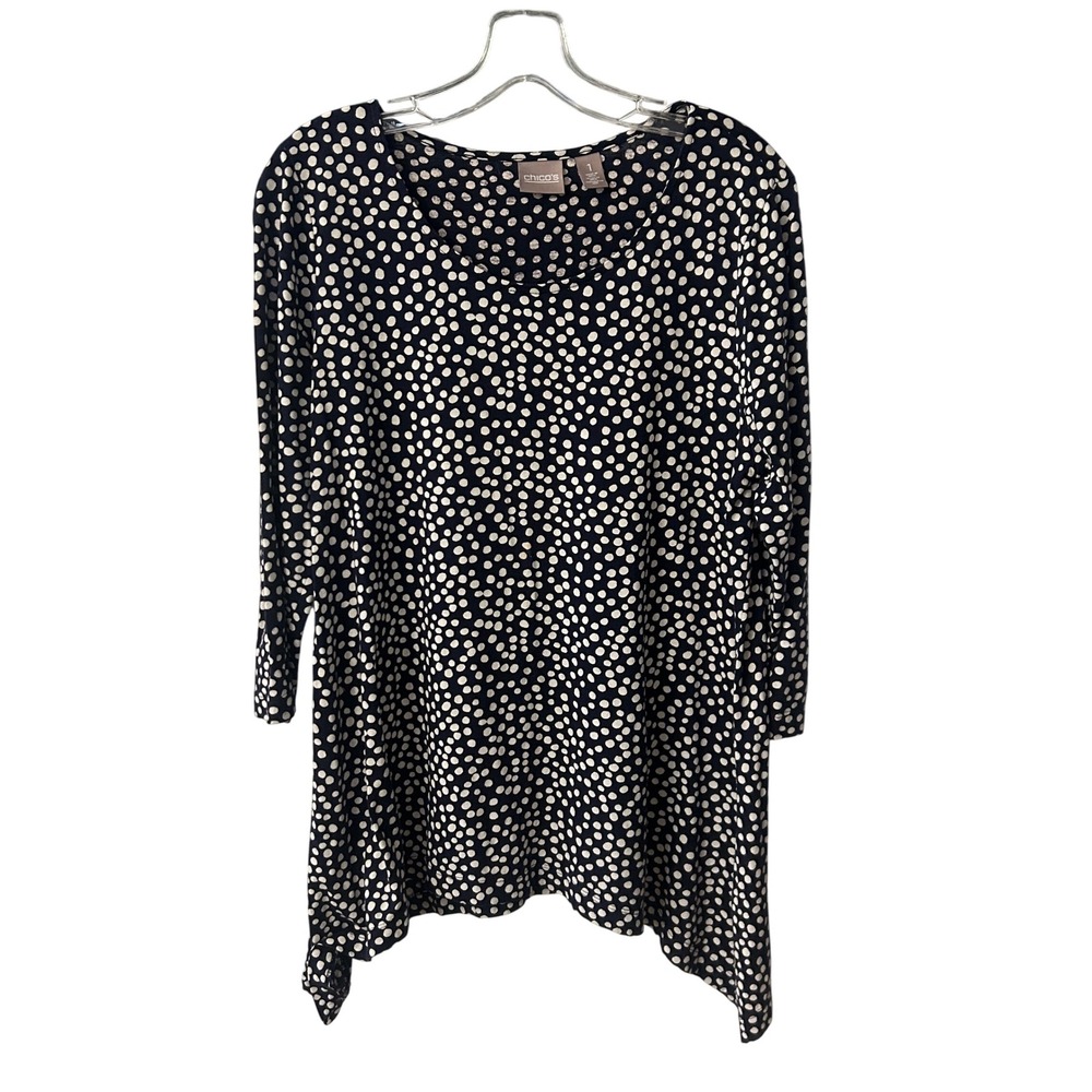 Chico's Polka Dot Tunic‎ Top 3/4 Sleeve Casual Comfy Black White Size 1